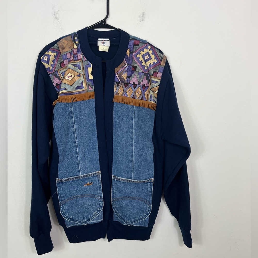 Vintage Custom Made Jerzees‎ Patchwork Denim Cardigan Sz M